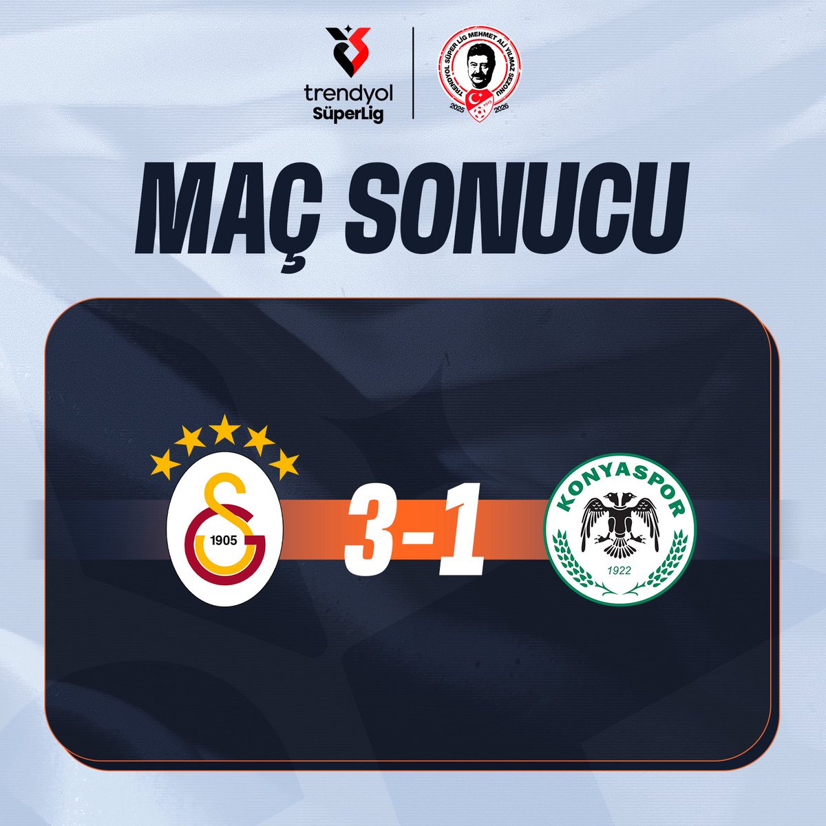 superlig's tweet image. 📌 Maç Sonucu I #GSvKNY

Galatasaray 3-1 TÜMOSAN Konyaspor