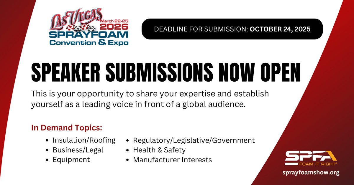 Are you ready to share your expertise with the spray foam community? #SprayFoam2026 Speaker Submissions are now open!

🔗 ow.ly/Nueo50X0rwp

👇Tag someone you believe should submit a topic!