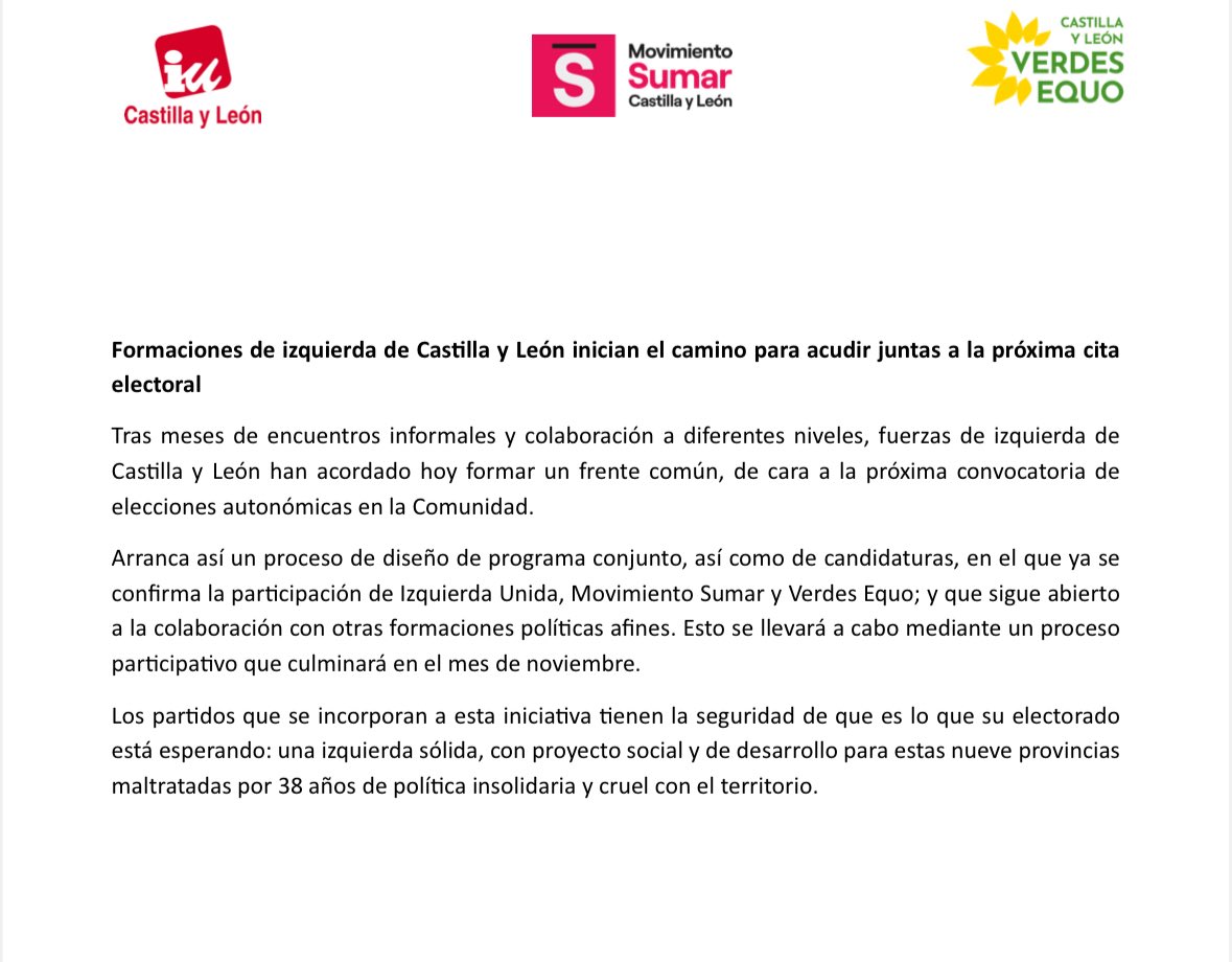 Sumar_Leon's tweet photo. 🌷Desde Sumar damos el paso junto a Izquierda Unida y Verdes Equo para construir, de manera unitaria y participativa, un proyecto de izquierdas fuerte para Castilla y para León.

👉 Queremos una alternativa que mire de frente a los problemas reales de nuestras tierras. https://t.co/WEPSHiThWx