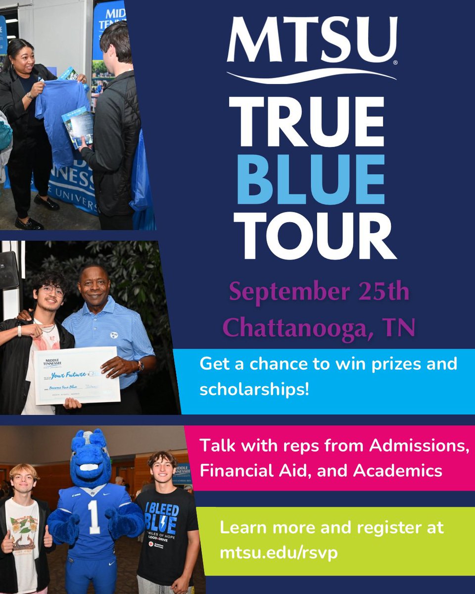 The True Blue Tour is pulling up in Chattanooga 📍✨ Sept. 25th! 🎉 Meet MTSU reps 👩🏽‍🎓👨🏻‍🎓, explore scholarships 💰, and discover your future as a Blue Raider 🐎💙 #TrueBlue #MTSU