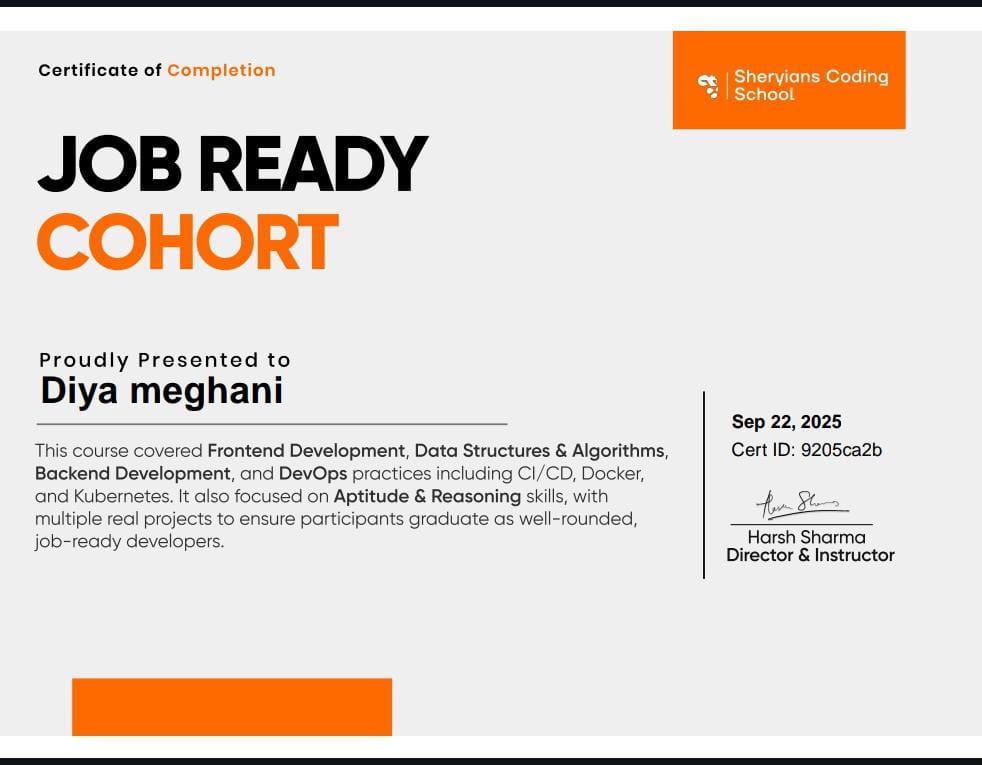Diya_meghani's tweet image. Completed Full Stack Web Dev with AI Powered Job Ready Cohort 1 @Sheryians 🎓🚀
Best mentors, best guidance, and a truly game-changing journey. 🙌
More than just a certificate → it gave me confidence to build real apps 💻
#FullStack #SheryiansCodingSchool #WebDevelopment