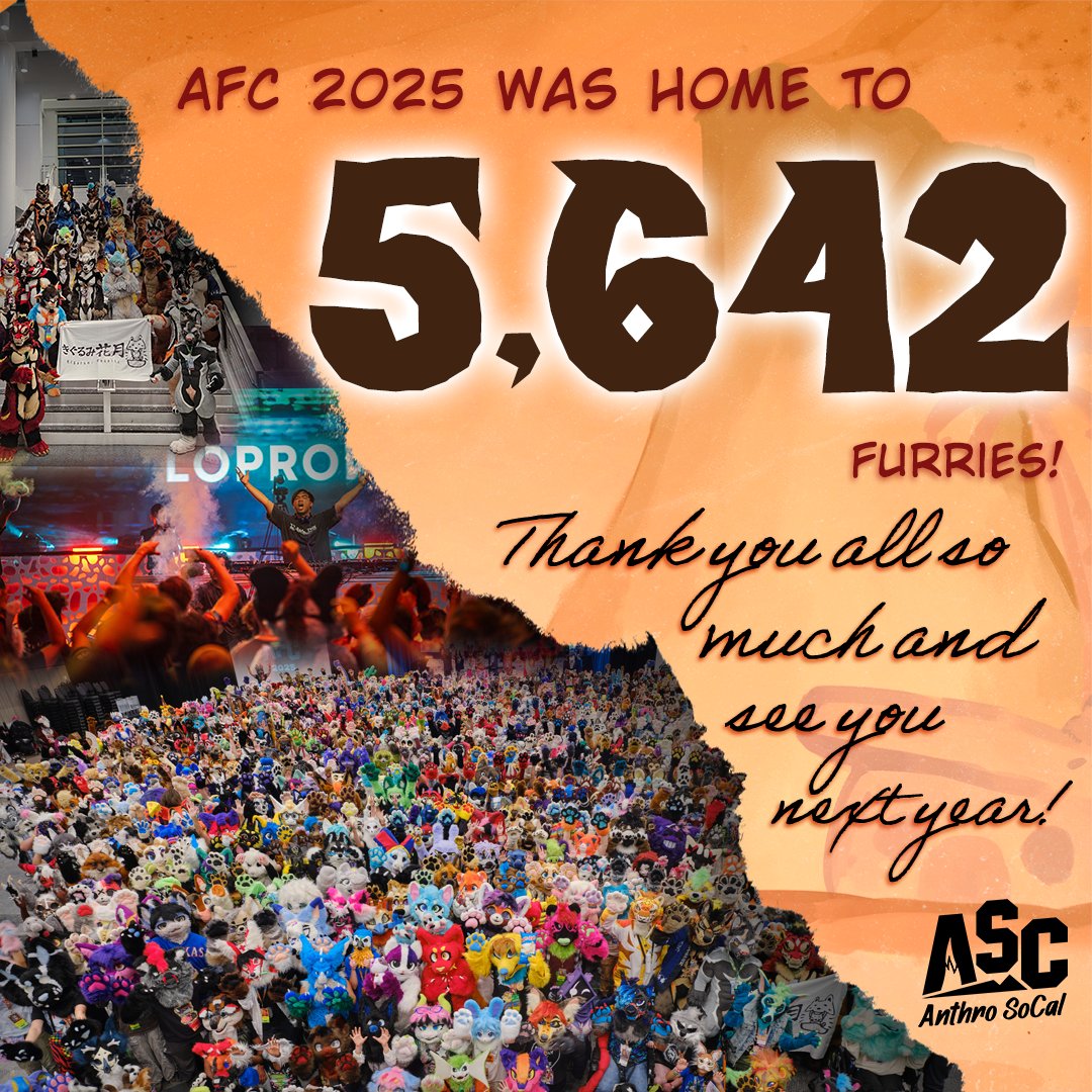 The number you've been waiting for - #AFC2025 had 5,642 furries spend the weekend at the Ontario Con Center! Thank you for stopping by this weekend, we hope you had tons of fun!
See you next year at #ASC2026! 🩵
📷: <a href="/CaptainChaotika/">🌻 混沌的隊長 ➡️ AFC</a> &amp; <a href="/tullembrat/">Tullem🔜 AFC</a>