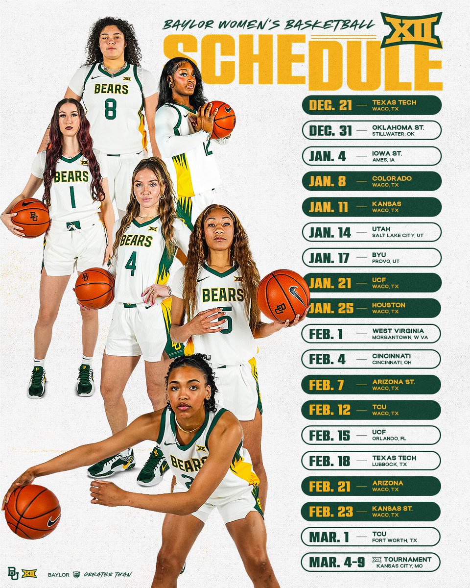 Baylor Women's Basketball (@baylorwbb) on Twitter photo <a href="/Big12Conference/">Big 12 Conference</a> SCHEDULE DROPπββοΈπββοΈ
Which matchups are we excited for? 
#SicEm | #GreaterThan <a href="/Big12Conference/">Big 12 Conference</a> SCHEDULE DROPπββοΈπββοΈ
Which matchups are we excited for? 
#SicEm | #GreaterThan
