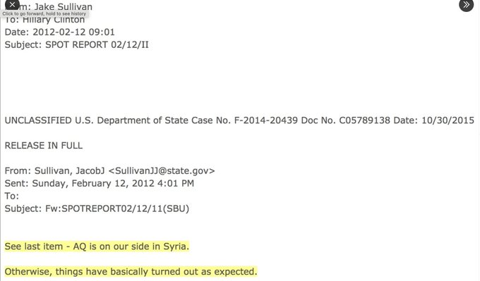 A document with text from the U.S. Department of State. It includes the header "UNCLASSIFIED U.S. Department of State Case No. F-2014-20439 Doc No. C05789138 Date: 10/30/2015" and an email from Jake Sullivan to Hillary Clinton dated Sunday, February 12, 2012, 4:01 PM. The subject line reads "Fw: SPOTREPORT 02/12/11(SBU)" with visible text stating "Al Qaeda is on our side in Syria" and "Outcomes to date have basically turned out as expected."