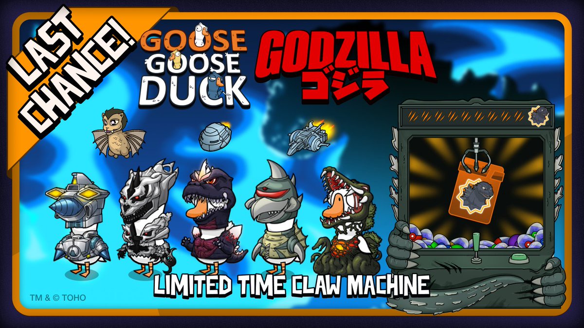 🚨 LAST CHANCE! 🚨
The Godzilla Forever Event is ending soon! 🦖
⏰ Only ONE WEEK left to pull from the Claw Machine and collect:
M.O.G.U.E.R.A., Monster X, SpaceGodzilla, Biollante, and more!
#Godzilla #GGD #GooseGooseDuck #ClawMachine