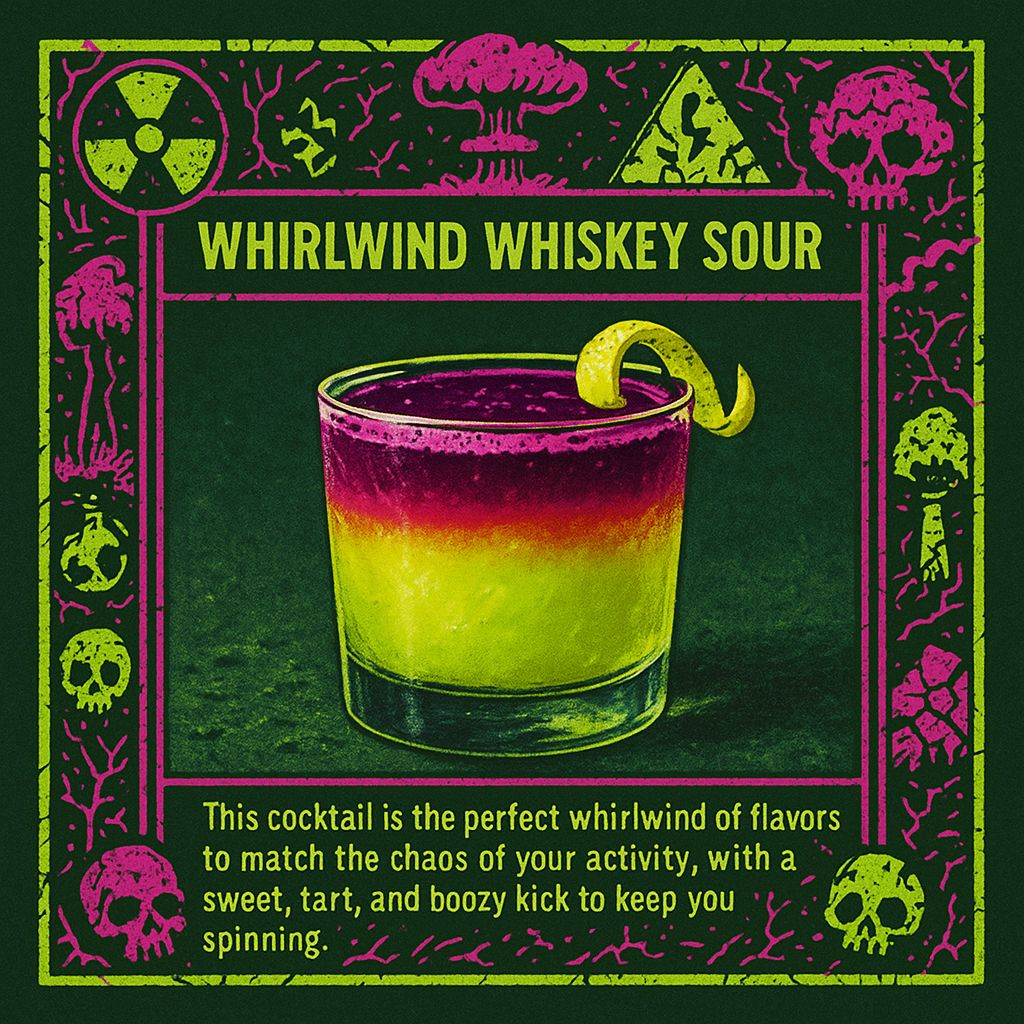 Sipocalypse cocktail recipe: 2 oz whiskey + 1 oz lemon juice + 1 oz simple syrup + 1/2 oz blackberry liqueur. Shake, strain, sip, submit your own games at sipocalypse.fun #Sipocalypse #drinkrecipes #chaosinaglass 🍹🎉
