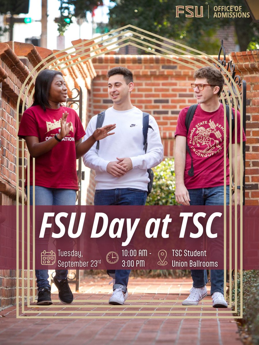 🌟 TSC Students, join us for FSU Day at TSC!

📍 TSC Student Union Ballrooms
📆 Tuesday, September 23rd
🕙 Drop in anytime from 10:00 AM – 3:00 PM

Meet advisors and transfer counselors to plan your path to FSU! ❤️💛

#FSUAdmissions #NowANole