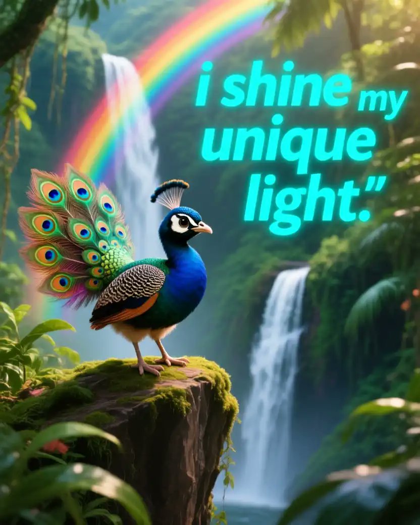 Ai Art Prompt Share Party 🎨👇

A brave baby peacock displaying its tiny, vibrant tail feathers on a lush jungle cliff, with a rainbow waterfall in the background. The affirmation 'I shine my unique light' glows in bold turquoise text. Fantasy realism style, vivid colors, dynamic