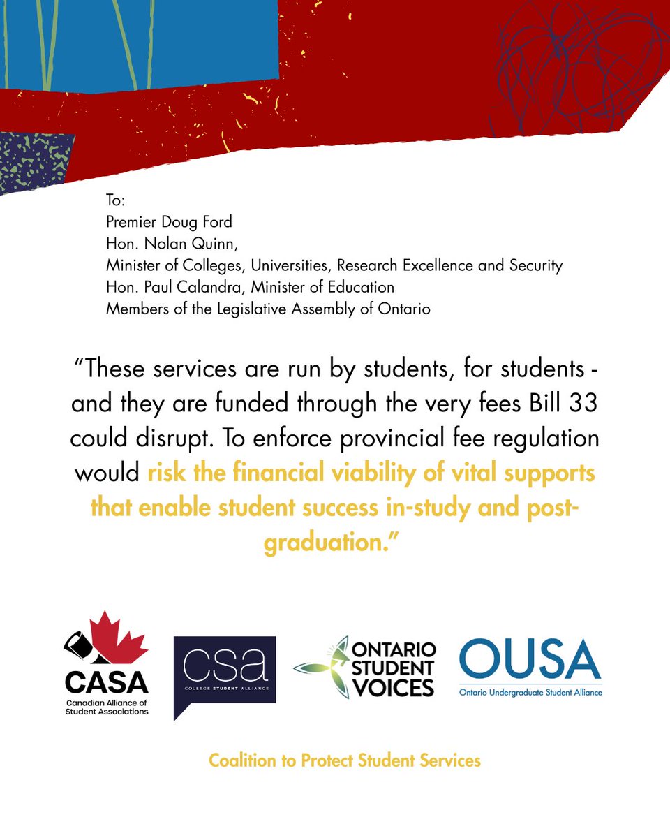 OUSAhome's tweet photo. OUSA, with @CSA_ON, @OStudentVoices, and @CASAACAE have united to form the Coalition to Protect Student Services in response to the @ONgov's Bill 33. To launch our campaign, the coalition has published an open letter. Read it here: https://t.co/3OTPf2tXEH https://t.co/I82dbDiWFU