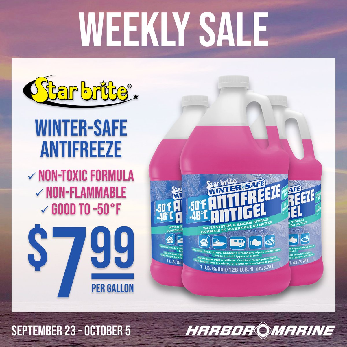 harbor_marine's tweet image. ❄️ Winter is coming—be prepared! Star brite -50°F Non-Toxic Antifreeze just $7.99/gal, Sept 23–Oct 5. Perfect for winterizing boats, RVs &amp;amp; seasonal vehicles. Protect your systems from freeze damage &amp;amp; corrosion. 🚤 #Winterizing #Marine