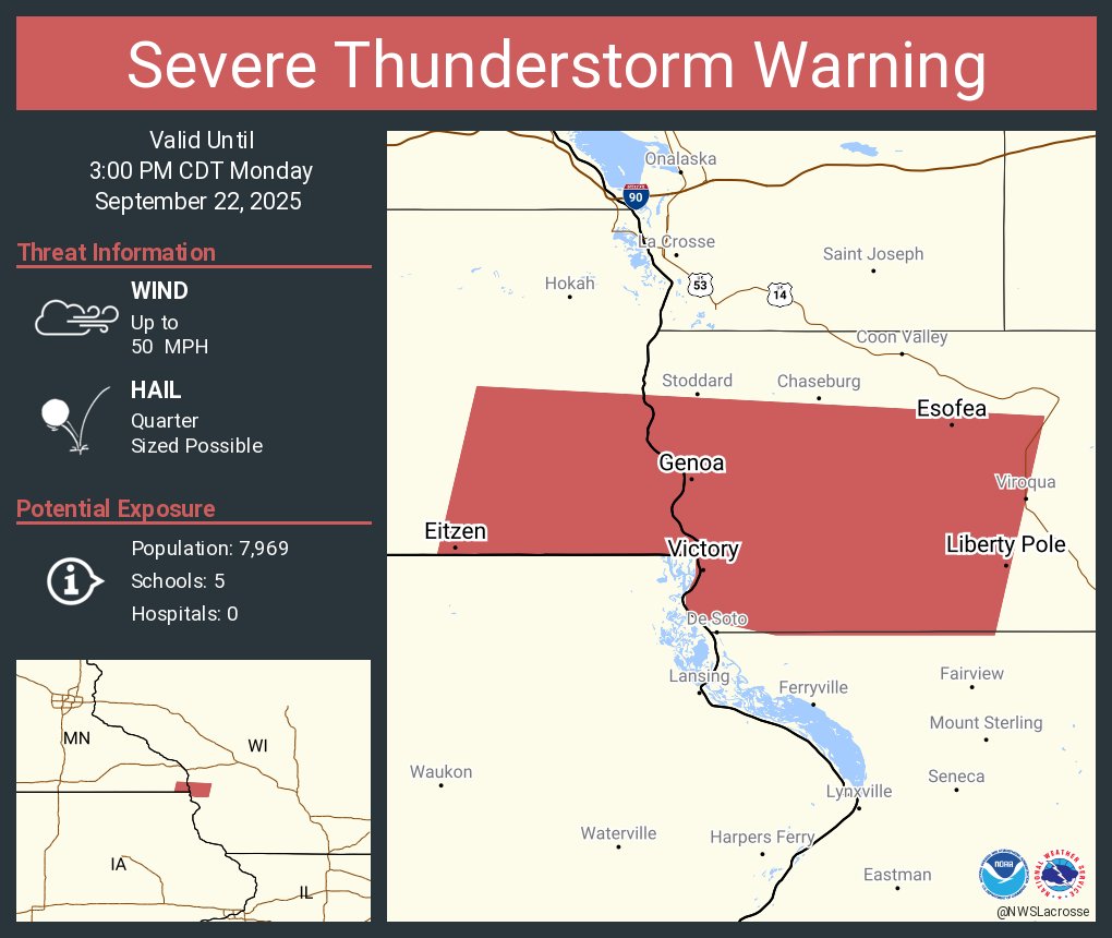 Severe Thunderstorm Warning including Genoa WI, Eitzen MN and  Liberty Pole WI until 3:00 PM CDT