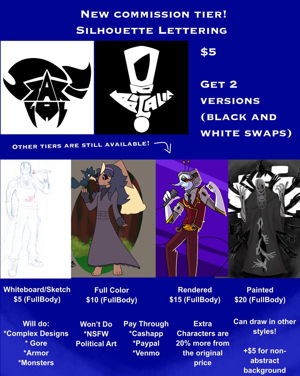 New tier has been added to my C0mmissions!

As always feel free to message me if you’re interested in any of these :)