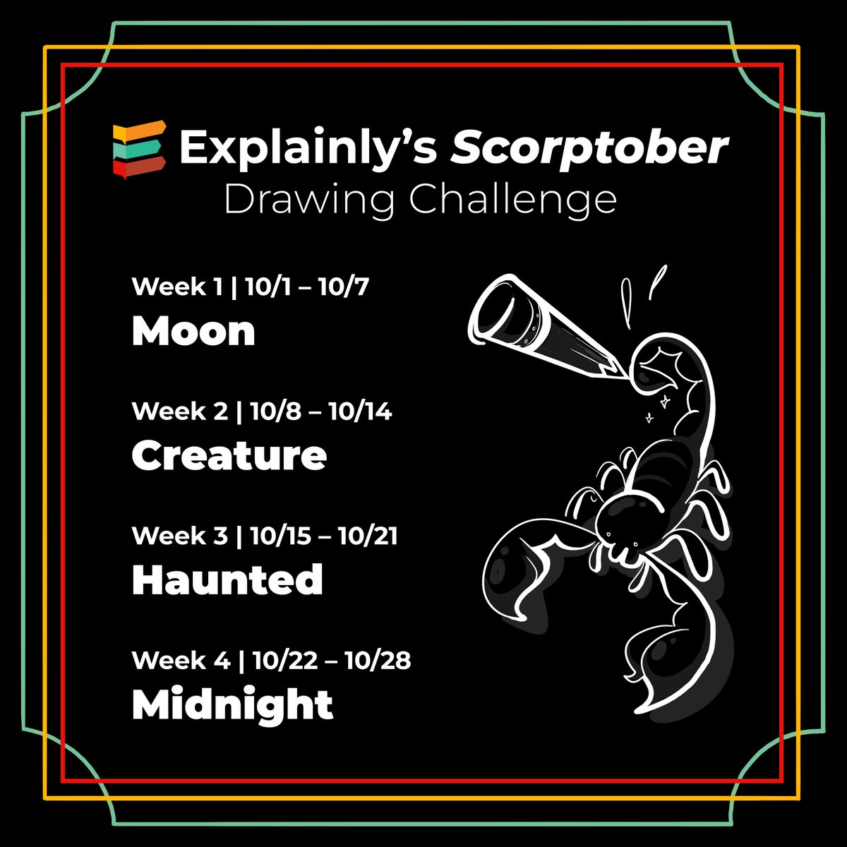 🎃 This October, our team is putting pen to paper, with our own fun twist! Did you know nearly half of the Explainly team happens to be Scorpios?? Join us in our Scorptober drawing prompts! We’ll be sharing original sketches from different team members! Join us in the fun!
