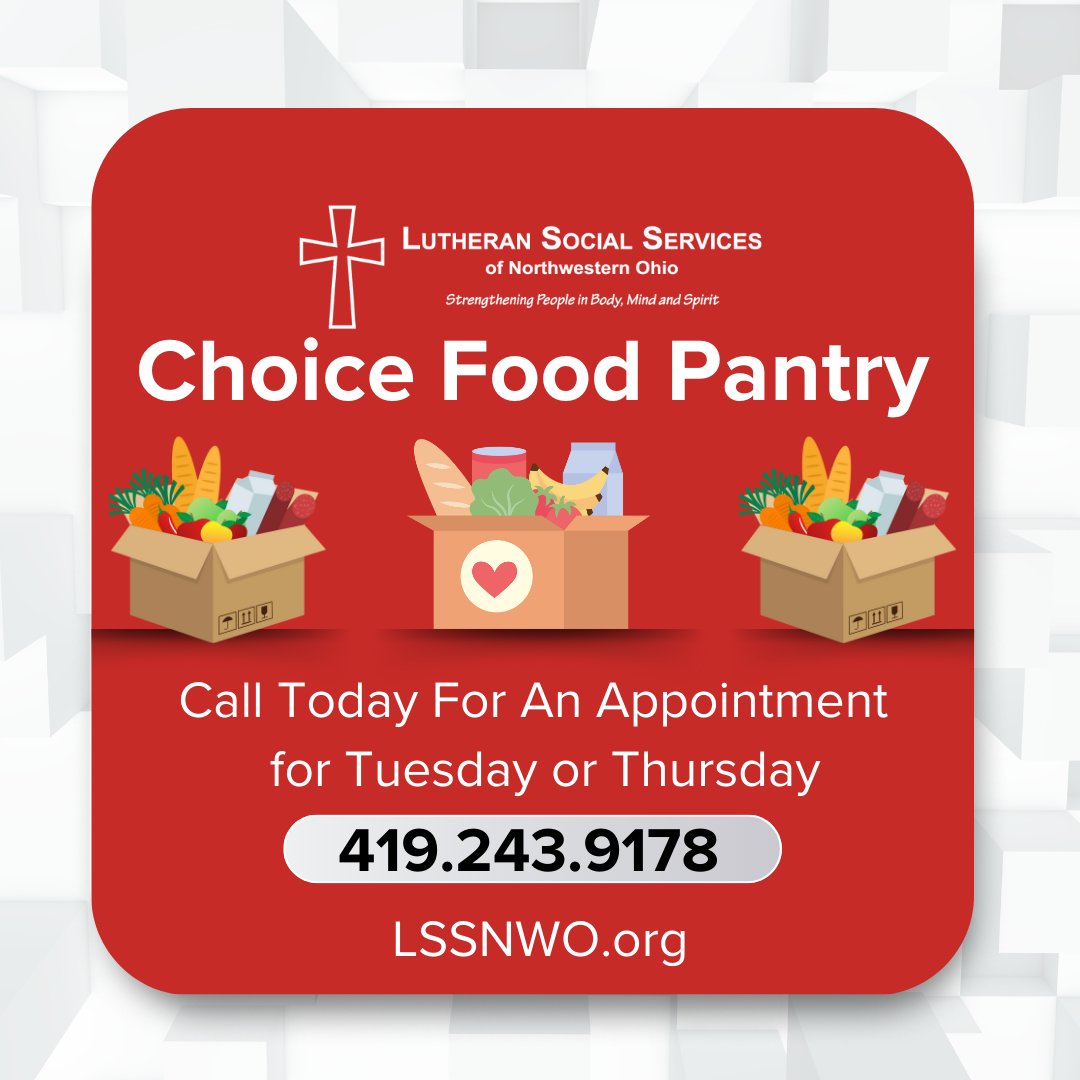 Our Choice Food Pantry appointments are available for Tuesday &amp; Thursday! Call 419.243.9178 today (Monday) or Wednesday from 9:15 AM to 12:15 PM or 1:15 PM to 4:30 PM for an appointment 😊 #Share #FoodPantry #Toledo #Fremont #Tiffin #Ohio #LSSNWO #LSS #LutheranSocialServices