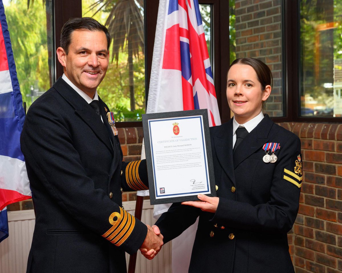 After 12 years of dedicated service, PO Amy Howard has bid farewell to the <a href="/RoyalNavy/">Royal Navy</a>.

From Warfare Specialist to instructor, she leaves with honour, gratitude &amp; a Valedictory Certificate presented by Captain Tim Davey.

We wish you every success in your next chapter, Amy!
