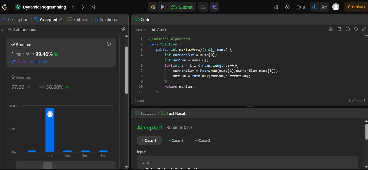 SoumyajitSingh_'s tweet image. Day 1/100 – #LeetCode100DaysChallenge
Problem: Maximum Subarray (Kadane’s Algorithm)
Time: O(n) | Space: O(1) | Runtime: 1 ms |Today I learned and solved this problem.
Keep pushing—small steps daily lead to big results!
#100DaysOfCode #LeetCode #Java #DSA #Zigbee