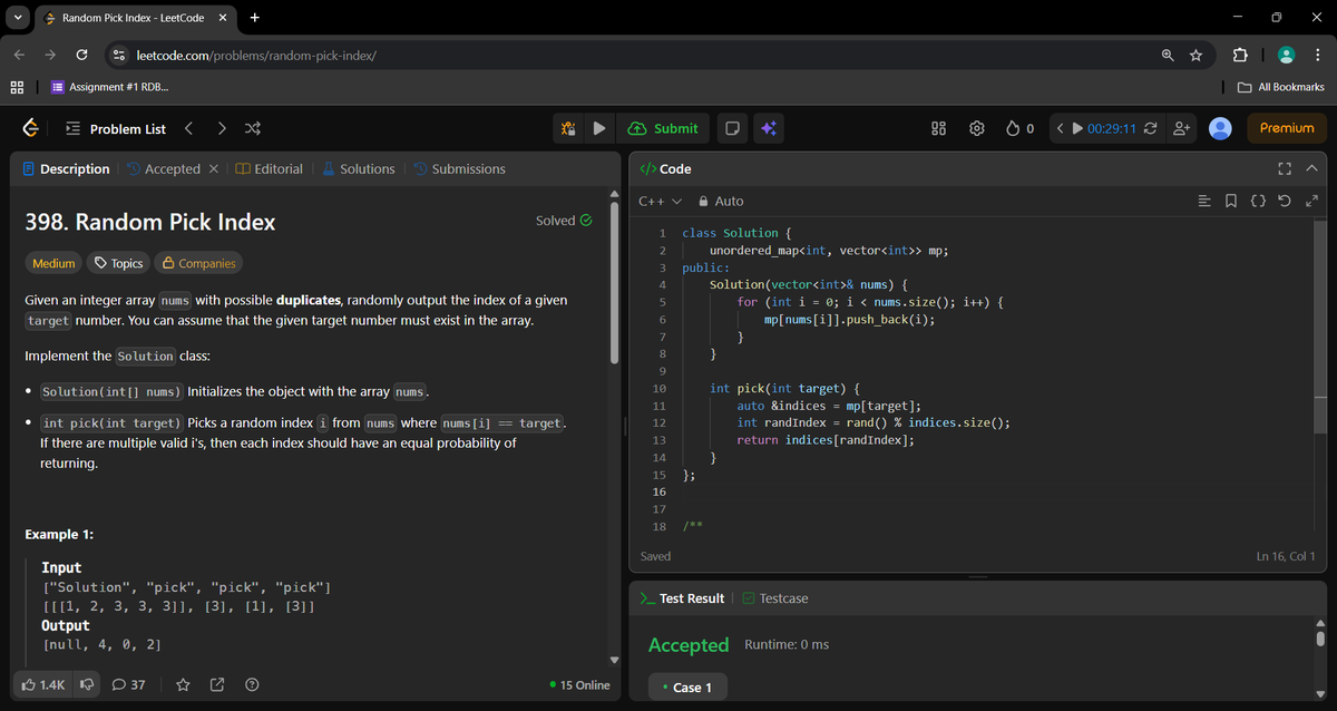 _a_m_i_t_1's tweet image. Day 442 of #500DaysOfCode.

Random Pick Index. Solved using hashmap.