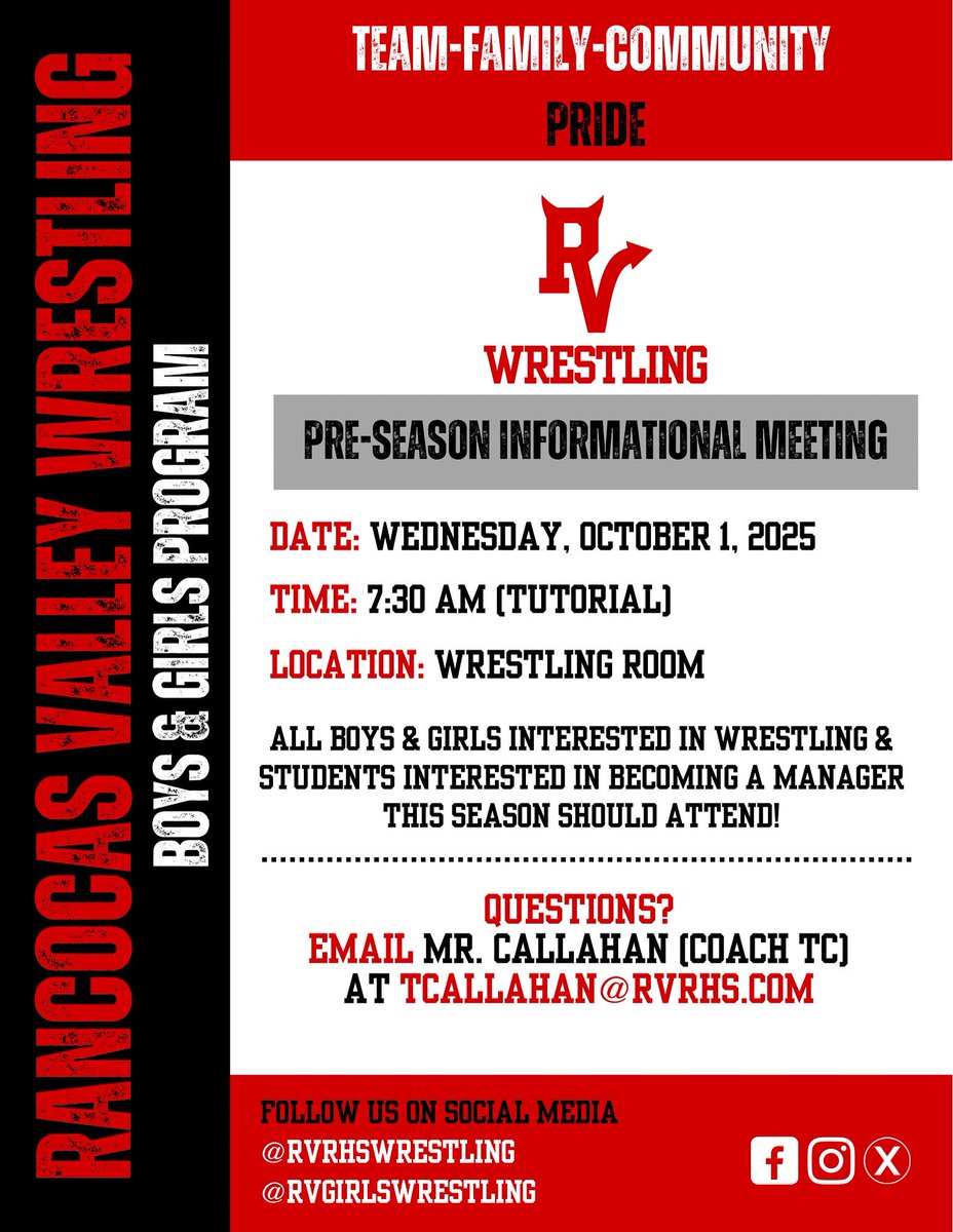 RVRHSWrestling's tweet photo. Winter is coming...

All current Rancocas Valley students (Boys &amp; Girls) interested in joining the Red Devil Wrestling Program for the 2025-2026  season should attend our pre-season informational meeting!

#TEAM #Ladyhammers #RDN https://t.co/RH1grBePh6