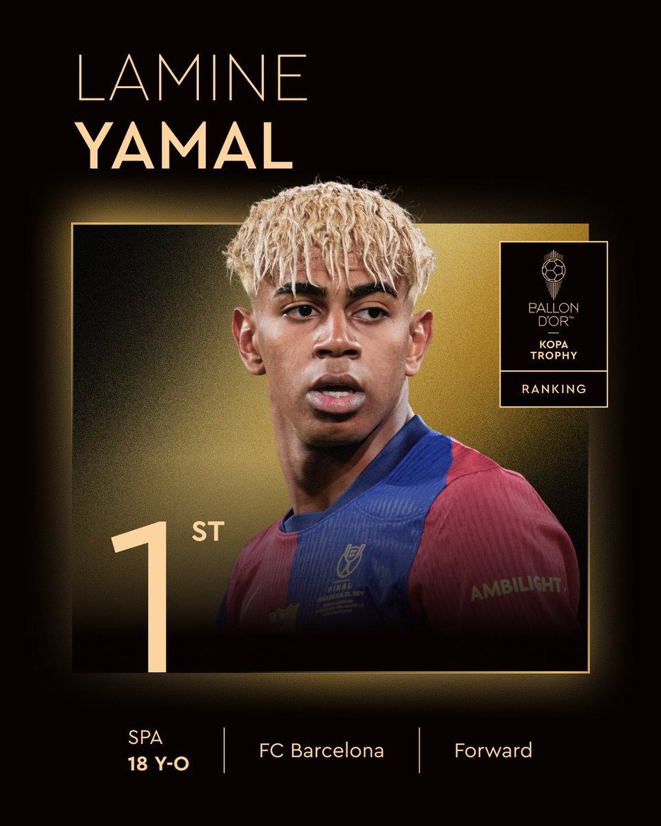 🚨🇪🇸 Lamine Yamal vence o troféu ‘KOPA’, o melhor jogador jovem do mundo.