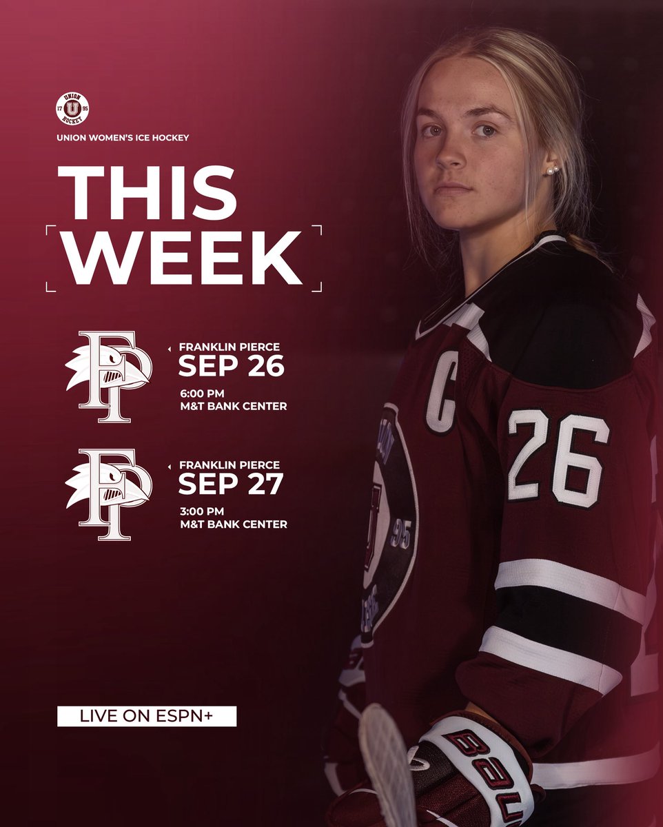 UnionWHockey's tweet photo. It all starts this week! 🔥 Don’t miss our first games of the season at M&amp;T Bank Center against Franklin Pierce this Friday at 6:00 pm and Saturday at 3:00 pm.

#UnionHockey x #GoU https://t.co/viIqwQIr8E