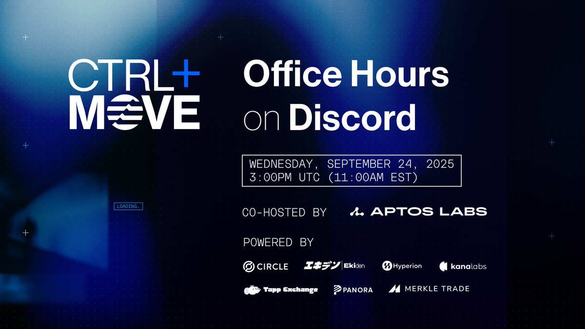 CTRL+MOVE Office Hours on Discord
Wednesday, September 24, at 3 PM UTC / 11 AM ET

Featuring the <a href="/AptosLabs/">Aptos Labs</a> DevRel Team, <a href="/Greg_Nazario/">greg.apt 🇺🇸</a> &amp; <a href="/chriskim_dev/">Chris Kim</a>. Join for inspiration and leave with motivation to build DeFi apps on Aptos.

See you there 🦾