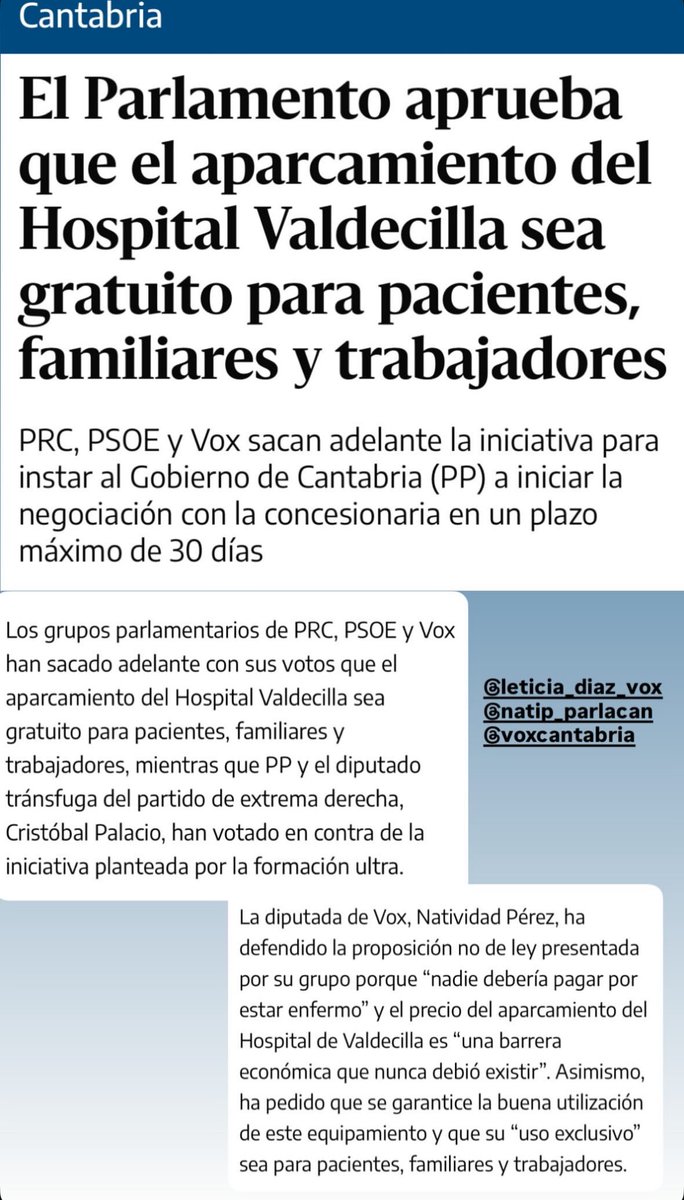 Fantástica iniciativa conseguida por el Grupo Parlamentario Vox en Cantabria
Gratuidad del parking de Valdecilla para pacientes y trabajadores

#SoloQuedaVox
⁦@Vox_Parlacan⁩ 
⁦<a href="/NatiP_ParlaCan/">Natividad Pérez</a>⁩ 
⁦<a href="/LeticiaDiazR/">Leticia Díaz</a>⁩