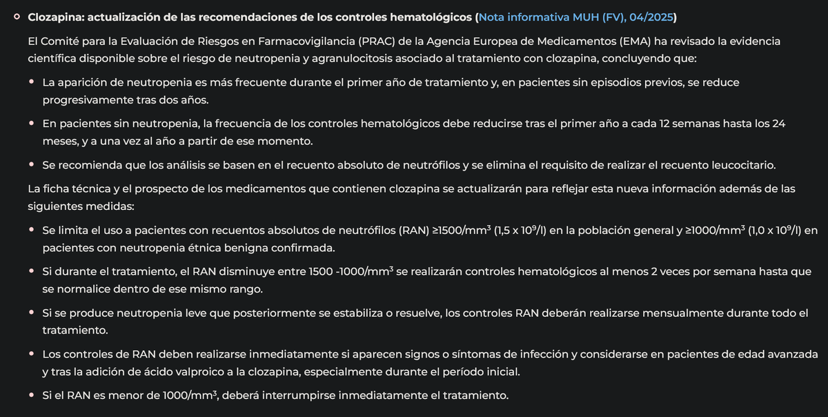 Clozapina (antipsicótico atípico usado en esquizofrenia): riesgo de neutropenia y agranulocitosis
Nuevas recomendaciones de controles hematológicos y límites para iniciar y mantener o cesar el tratamiento
aemps.gob.es/informa/boleti… Boletín Seguridad de Medicamentos <a href="/AEMPSGOB/">AEMPS</a> #SegPac