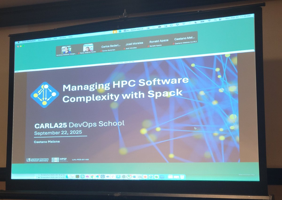 Verónica Vergara (she/her/ella) (@verolero86) on Twitter photo The morning session also included an overview of <a href="/spackpm/">Spack</a> presented by <a href="/Livermore_Lab/">Lawrence Livermore National Laboratory</a>'s Caetano Melone #HPC The morning session also included an overview of <a href="/spackpm/">Spack</a> presented by <a href="/Livermore_Lab/">Lawrence Livermore National Laboratory</a>'s Caetano Melone #HPC