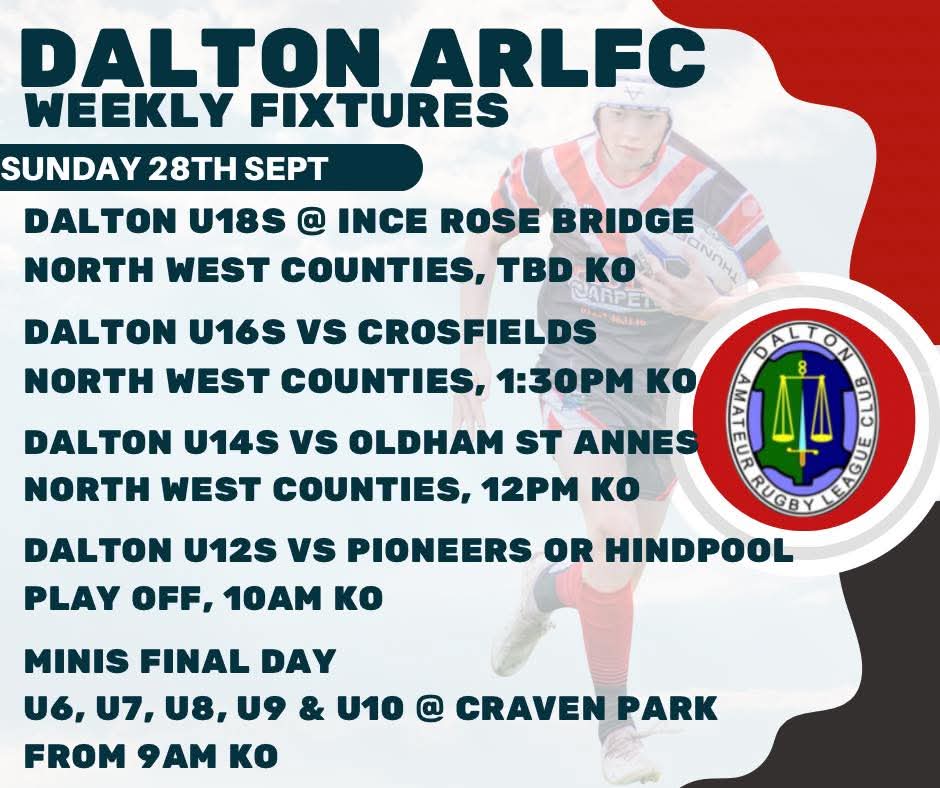 Dalton ARLFC (@daltonrugby) on Twitter photo π΄β«ππThis weeks fixtures π
<a href="/InceRoseBridge/">Ince Rose Bridge</a> 
<a href="/CrosfieldsRugby/">Crosfields Rugby</a> 
<a href="/OldhamStAnnes/">The Saint</a> 
<a href="/RPARLFC/">Roose Pioneers ARLFC</a> <a href="/Hindpoolt/">Hindpool Tigers ARLFC</a>
<a href="/BarrowRaiders/">Barrow Raiders</a>
<a href="/NWYouthRL/">NW Youth RL 16-18</a> <a href="/BarrowandDis_RL/">Barrow and District RL</a> 
<a href="/bbccumbriasport/">BBC Sport Cumbria</a> <a href="/13proamrl/">13 Pro-Am Community RL</a> 
<a href="/WandFCouncil/">Westmorland and Furness Council</a> π΄β«ππThis weeks fixtures π
<a href="/InceRoseBridge/">Ince Rose Bridge</a> 
<a href="/CrosfieldsRugby/">Crosfields Rugby</a> 
<a href="/OldhamStAnnes/">The Saint</a> 
<a href="/RPARLFC/">Roose Pioneers ARLFC</a> <a href="/Hindpoolt/">Hindpool Tigers ARLFC</a>
<a href="/BarrowRaiders/">Barrow Raiders</a>
<a href="/NWYouthRL/">NW Youth RL 16-18</a> <a href="/BarrowandDis_RL/">Barrow and District RL</a> 
<a href="/bbccumbriasport/">BBC Sport Cumbria</a> <a href="/13proamrl/">13 Pro-Am Community RL</a> 
<a href="/WandFCouncil/">Westmorland and Furness Council</a>