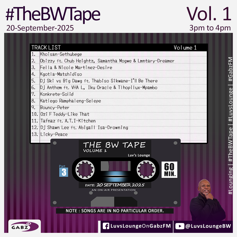 #LuvsLounge 🇧🇼 #TheBWTape Vol. 1
Part 3

<a href="/khoisanafrica/">KHOISAN</a>
<a href="/obiedigital/">Obie</a>
<a href="/FellaOnTheBeat/">hardestworking.</a> 
<a href="/nicolemartinezw/">Nicole Martinez BW</a>
Kgotla 
Dj Ski
<a href="/DJFreshSA/">DJ Fresh (Big Dawg)</a> 
<a href="/DjAnthemBw/">Anthem Dj</a> 
Konkrete
<a href="/kt_ramphaleng/">KATLEGO RAMPHALENG</a>
<a href="/Bouncy_Serope/">Bouncy</a>
<a href="/Ozifteddy/">BRIA 🌏</a> 
<a href="/tafnaz21/">theAcousticBadboi</a> 
<a href="/shawnleetribe/">The Shawn Lee Tribe</a>
<a href="/LICKYbw/">LICKYbw</a>  

<a href="/Gabz_FM/">Gabz-FM</a>