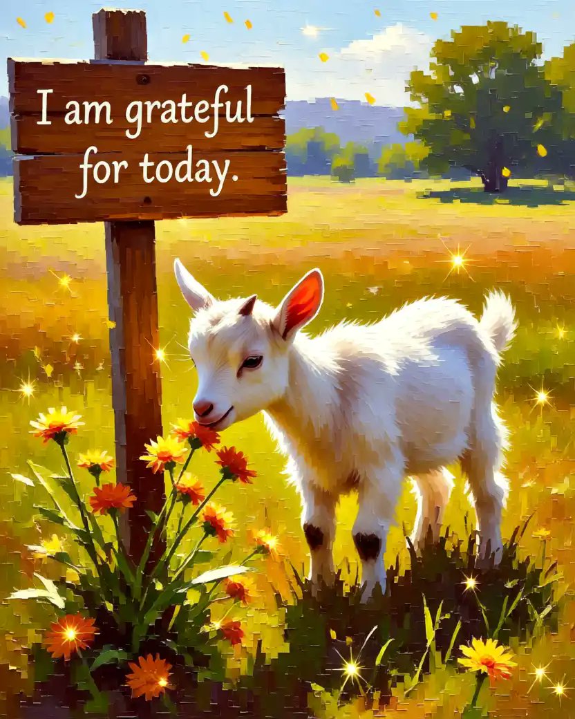Ai Art Prompt Share Party 🎨👇

A tiny baby goat nibbling on wildflowers in a sunny meadow, with golden sparkles floating around and a rustic wooden sign reading 'I am grateful for today.' Impressionist painting style, warm earthy tones, textured brushstrokes