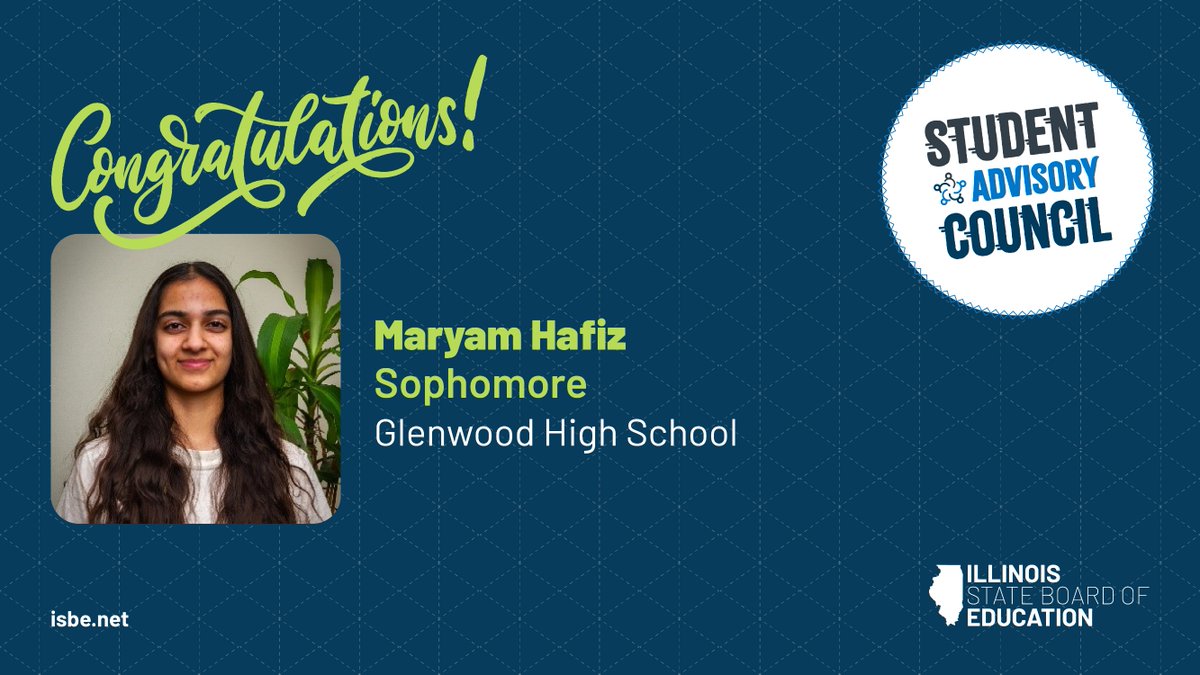 Illinois State Board of Education (@isbenews) on Twitter photo Meet the 2025-26 ISBE Student Advisory Council!
Maryam Hafiz actively volunteers in her community and plays piano. Maryam is a member of the <a href="/BallChatham5/">Ball-Chatham CUSD #5</a> speech/debate team and swim team. In her free time, she enjoys solving Rubikโs cubes and practicing photography. Meet the 2025-26 ISBE Student Advisory Council!
Maryam Hafiz actively volunteers in her community and plays piano. Maryam is a member of the <a href="/BallChatham5/">Ball-Chatham CUSD #5</a> speech/debate team and swim team. In her free time, she enjoys solving Rubikโs cubes and practicing photography.