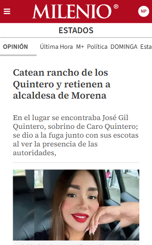 elalbertomedina's tweet photo. 🚨 Encuentran a alcaldesa de Morena durante CATEO en rancho de presunto sobrino de… ¡CARO QUINTERO!
➡️ Ella dice que los reportes son sobre “hechos que salieron fuera de realidad”, pero no aclara si estuvo o no en el lugar…
La presidenta municipal de #Colipa, #Veracruz, Gabriela Ortega, fue hallada en un rancho “Los Quintero”, propiedad de José Gil Quintero, presunto sobrino del narcotraficante Rafael Caro Quintero.
Esto cuando elementos de seguridad arribaron al sitio como parte de las indagatorias para localizar al empresario Neptali González López, desaparecido desde el 18 de julio en Vega de Alatorre ⚠️🪖
Según diarios nacionales como @Milenio, Gil Quintero y sus escoltas lograron escapar, pero la alcaldesa se quedó en el rancho...
👉 El secretario de Gobierno, Ricardo Ahued Bardahuil, confirmó que la alcaldesa “está bien”, pero que no quería dar más detalles “porque ahorita está el proceso, las declaraciones y no quiero adelantar y pueda desvirtuar la investigación”