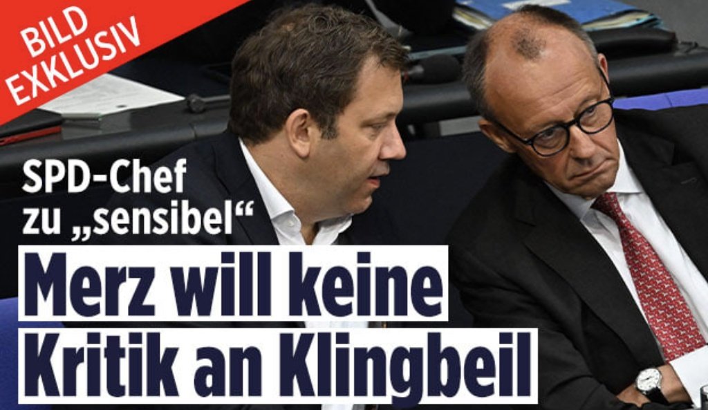 Dieser Kanzler ist am Ende: "Friedrich Merz hat die Abgeordneten seiner Fraktion aufgefordert, öffentlich keine Kritik an Finanzminister und SPD-Chef Lars Klingbeil zu üben, (..) da Klingbeil „sensibel“ auf Kritik reagiere" berichtet BILD.