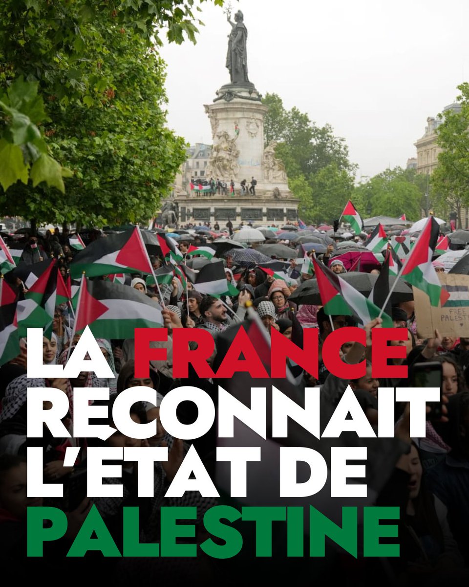 🇵🇸 Comme 75 % des États dans le monde, la #France reconnaît enfin l’État de #Palestine. 

C’est un premier pas, mais il restera symbolique sans mesures concrètes pour mettre fin au génocide. 

À #Macron d’agir maintenant, au-delà des mots, des actions.
