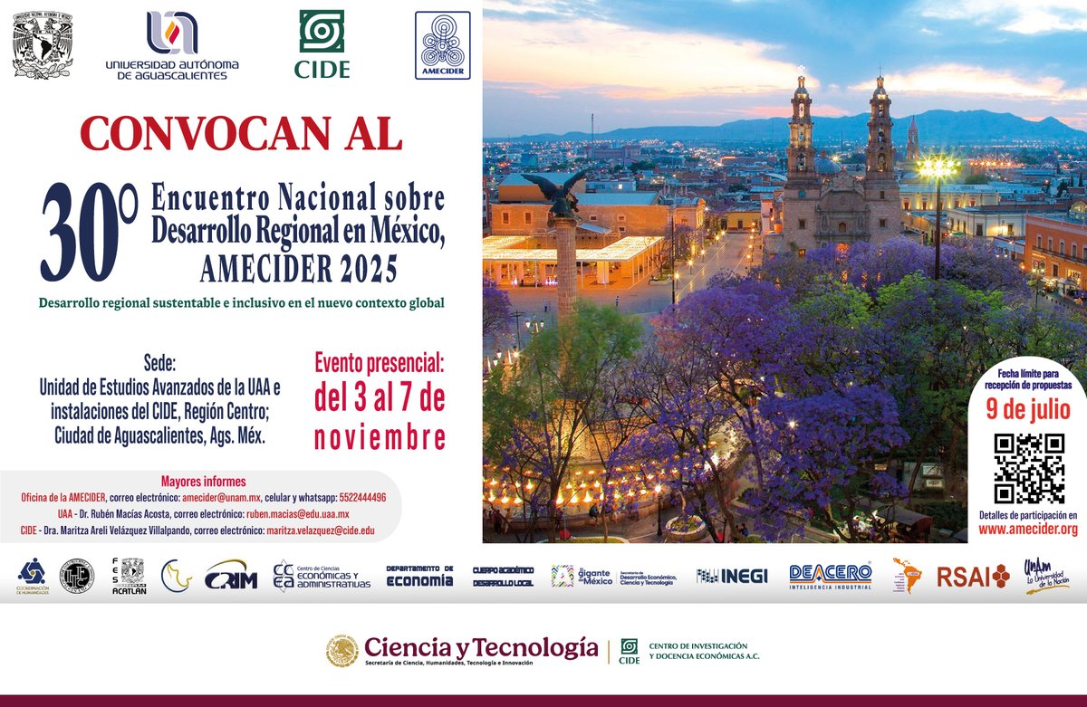 División de Estudios sobre el Desarrollo (@ded_cide) on Twitter photo 🔎¿Te interesas en los problemas del Desarrollo Regional?
✅Intégrense al programa académico del "30° Encuentro Nacional sobre Desarrollo Regionales México, AMECIDER2025"
Donde participa la Dra. Maritza Velazquez
📍Evento Presencial del 3 al 7 de noviembre 🔎¿Te interesas en los problemas del Desarrollo Regional?
✅Intégrense al programa académico del "30° Encuentro Nacional sobre Desarrollo Regionales México, AMECIDER2025"
Donde participa la Dra. Maritza Velazquez
📍Evento Presencial del 3 al 7 de noviembre