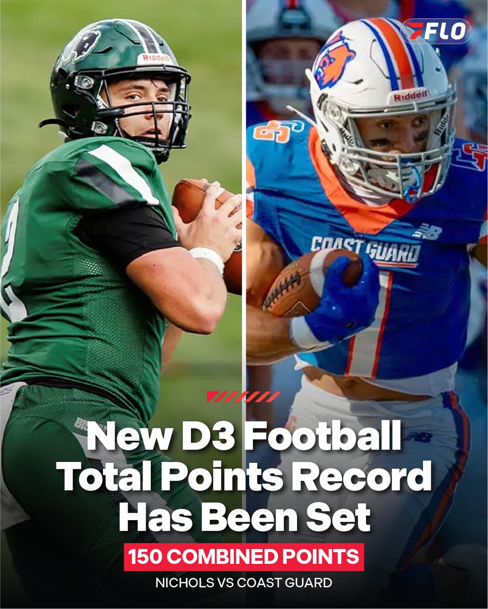 FloCollegeFB's tweet photo. HISTORY MADE 📚 

Nichols vs. Coast Guard combined for 150 points — an NCAA DIII single-game record 🤯

#NEWMACFB | @NCAADIII https://t.co/GBZrfVKwRW