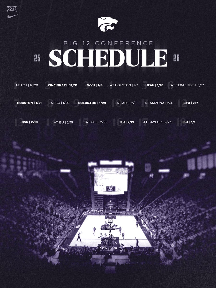 KStateWBB's tweet photo. Big 12 Conference dates are set  🗓️

🔗 https://t.co/GVytZPthcw https://t.co/aeXeIal0yZ