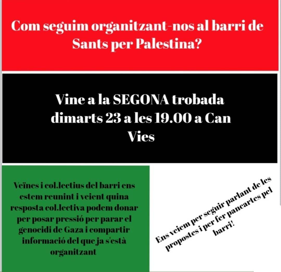 ⚠️Demà dimarts 23/9
📌 Can Vies
⏰ 19h

Pensem quina resposta donem per Palestina al barri #sants
Com ens organitzem?
Properes mobilitzacions
<a href="/Palestina_cat/">Comunitat Palestina Catalunya</a>