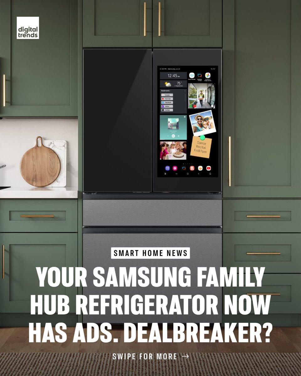DigitalTrends's tweet image. Samsung’s high-end smart fridges now display ads on their built-in screens, with no way to turn them off. Is this a dealbreaker? Let us know your thoughts in the comments.

#samsung #smartfridge #technews