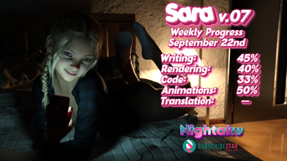 SARA v.07 🔞Weekly Progress September 22nd
We're still moving forward, guys!
This week we made a lot of progress on animations and rendering. 
Thanks to you, we can keep going without rest! THANK YOU, GUYS!
Discord: discord.gg/c5strJDPeq
Subscribestar: subscribestar.adult/game-sara