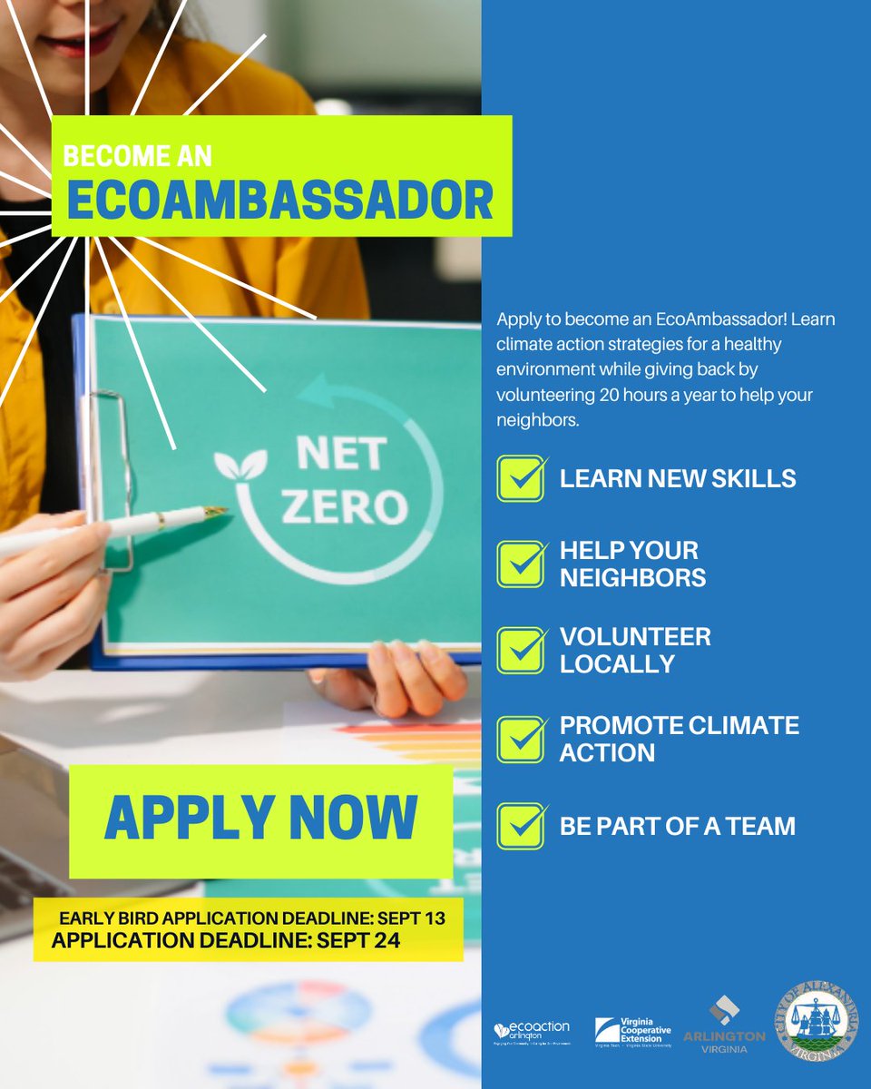 Join EcoAmbassadors in Fall 2025 to promote climate action! Open to everyone ages 16 and up. 
Apply by Sept 24, 2025 (free for students). 

More info: ecoactionarlington.org/ecoambassadors 

#EcoAmbassadors #ClimateAction #VolunteerOpportunities #ecocityalx