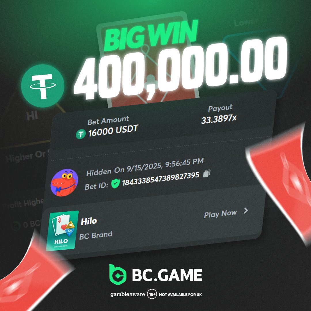 bcgame's tweet image. MEGA win: HiLo turns bold into 400,000 USDT.
Join the fun here: bit.ly/BC-HiLo