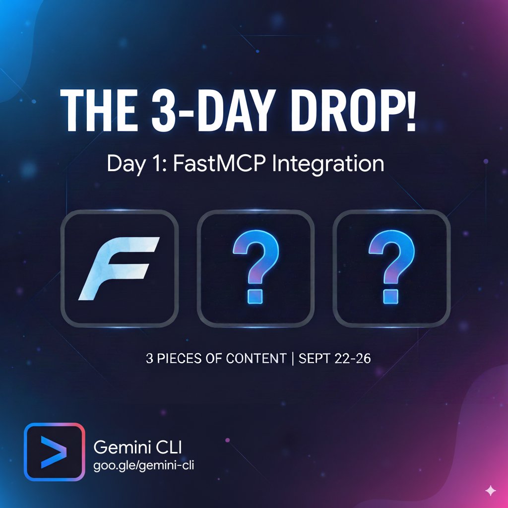 JackWoth98's tweet image. Day 1: FastMCP Integration 🧩

FastMCP now has an integration for Gemini CLI! 🚀

✦ fastmcp install gemini-cli server​.py
 
👇Read the official blog to see how this makes MCP server development a breeze
developers.googleblog.com/en/gemini-cli-…

#GeminiCLI #3daydrop