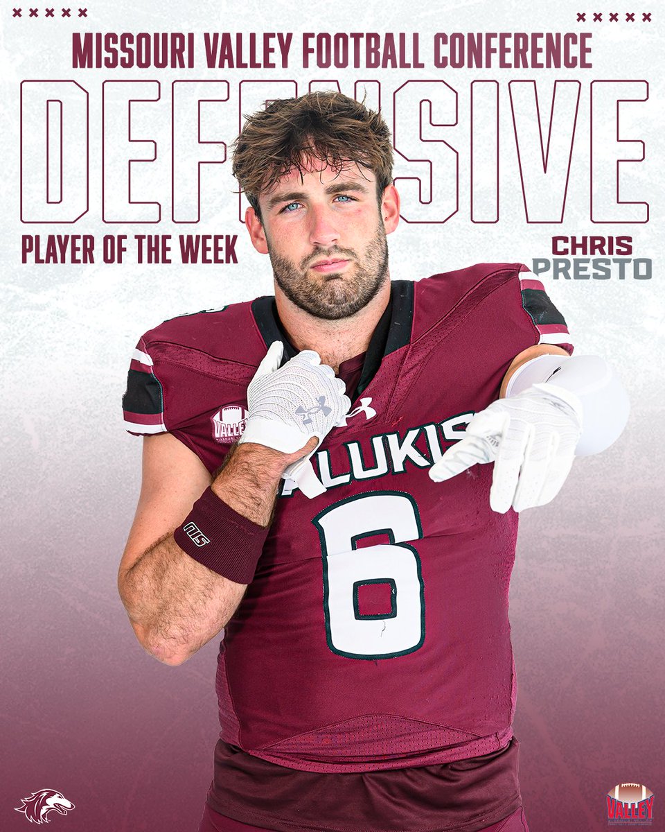 𝐇𝐚𝐯𝐞 𝐲𝐨𝐮𝐫𝐬𝐞𝐥𝐟 𝐚 𝐰𝐞𝐞𝐤, 𝐍𝐨. 𝟔😤

Chris Presto has been awarded <a href="/ValleyFootball/">Valley Football</a> Defensive Player of the Week after forcing a fumble, recording an interception, and tallying 12 tackles at SEMO! 💪

#Salukis | #BuiltFor