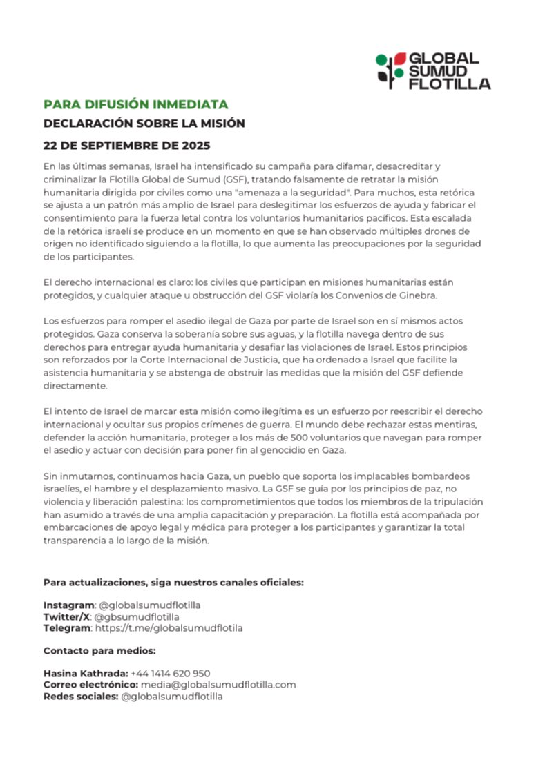Comunicado desde la Global Sumud Flotilla a una semana de llegar a G*aza y romper el asedio humanitario.