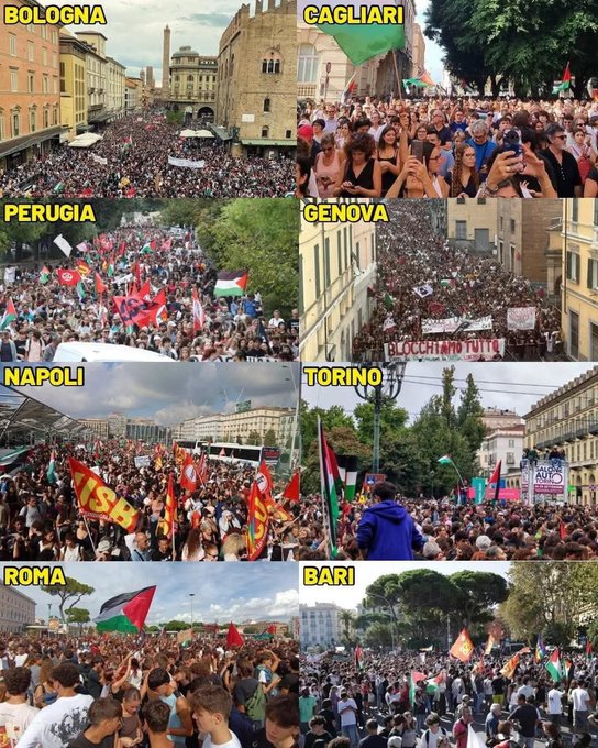 Large crowds of people gathered in city streets holding flags and banners. Palestinian flags and signs are visible among the protesters. Text overlays indicate locations: Bologna, Cagliari, Perugia, Genova, Napoli, Torino, Roma, and Bari.
