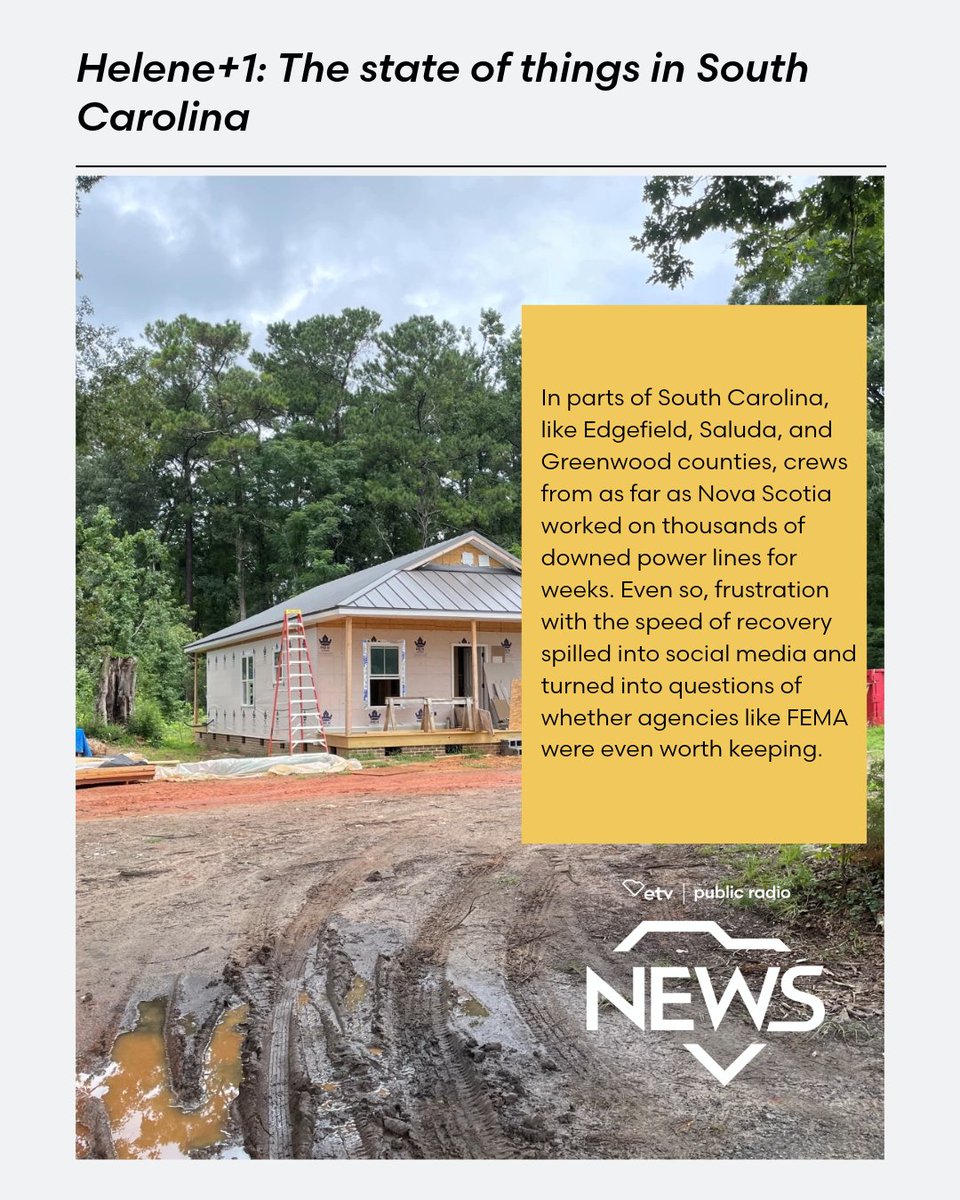 SCPublicRadio's tweet image. Sept. 27 marks one year since #HurricaneHelene made landfall in South Carolina as a tropical storm. In the first of a four-part series, we look at the state of things one year later and how communities are moving forward.

Read more: bit.ly/3VqumOr