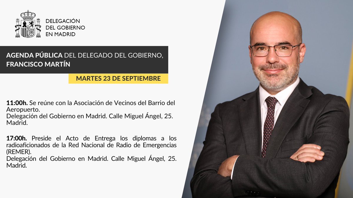 🗓️Compartimos la agenda del 23 de septiembre del delegado del Gobierno, <a href="/franmartagui/">Fran Martín Aguirre</a>. 

✅11:00h. Se reúne con la Asociación de Vecinos del Barrio del Aeropuerto. 
✅17:00h. Preside el Acto de Entrega de diplomas a los radioaficionados de la Red Nacional de Radio de Emergencias