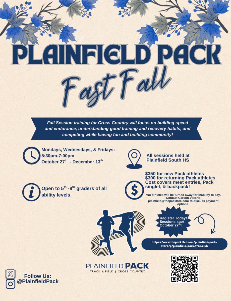 We are almost a month from Fall Cross Country starting!

Signup today!

thepacktfcc.com/plainfield-pac…